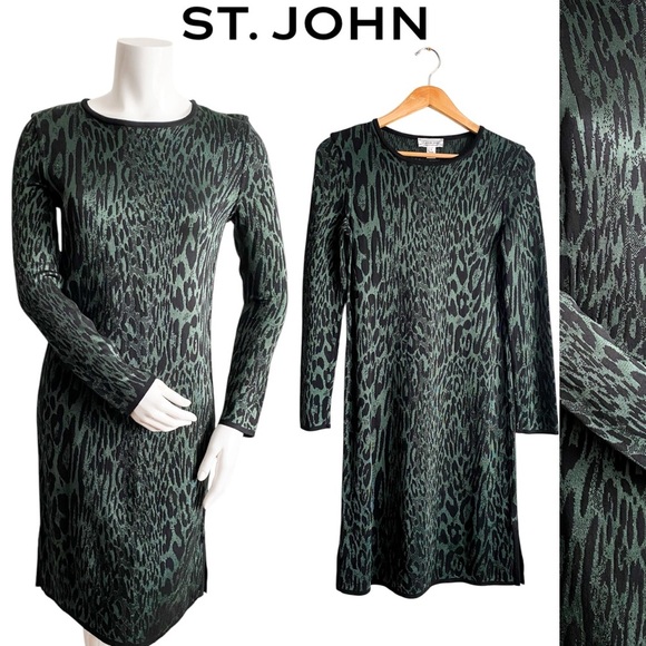 St. John Sport Green Animal Print Long Sleeve Sweater Santana Knit Dress Luxury - Picture 1 of 12